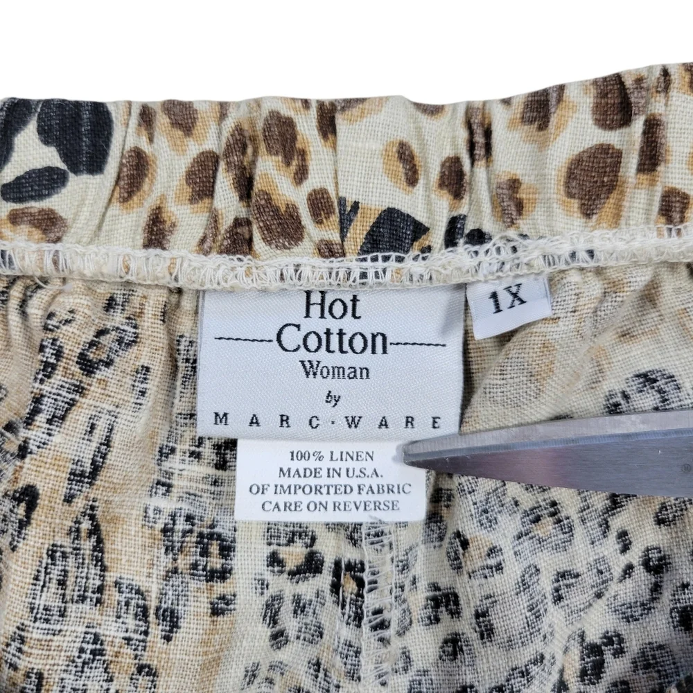 Hot Cotton 100% Linen Pants Womens 1X Brown Animal Print Pull On Cropped Casual - Picture 3 of 11